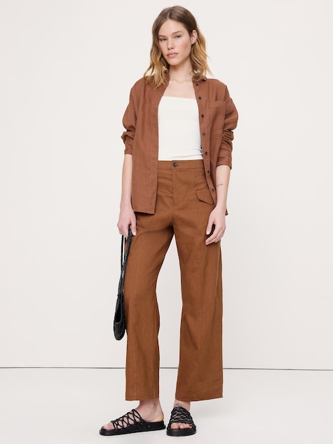 PANTALON UTILITAIRE DROIT À TAILLE HAUTE EN LIN ET VISCOSE EXTENSIBLE