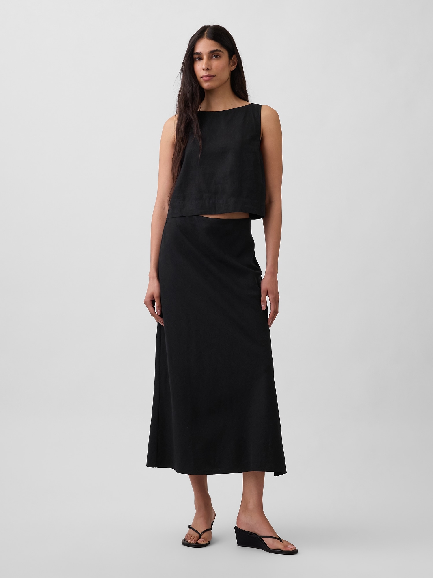 Linen-Blend Maxi Slip Skirt