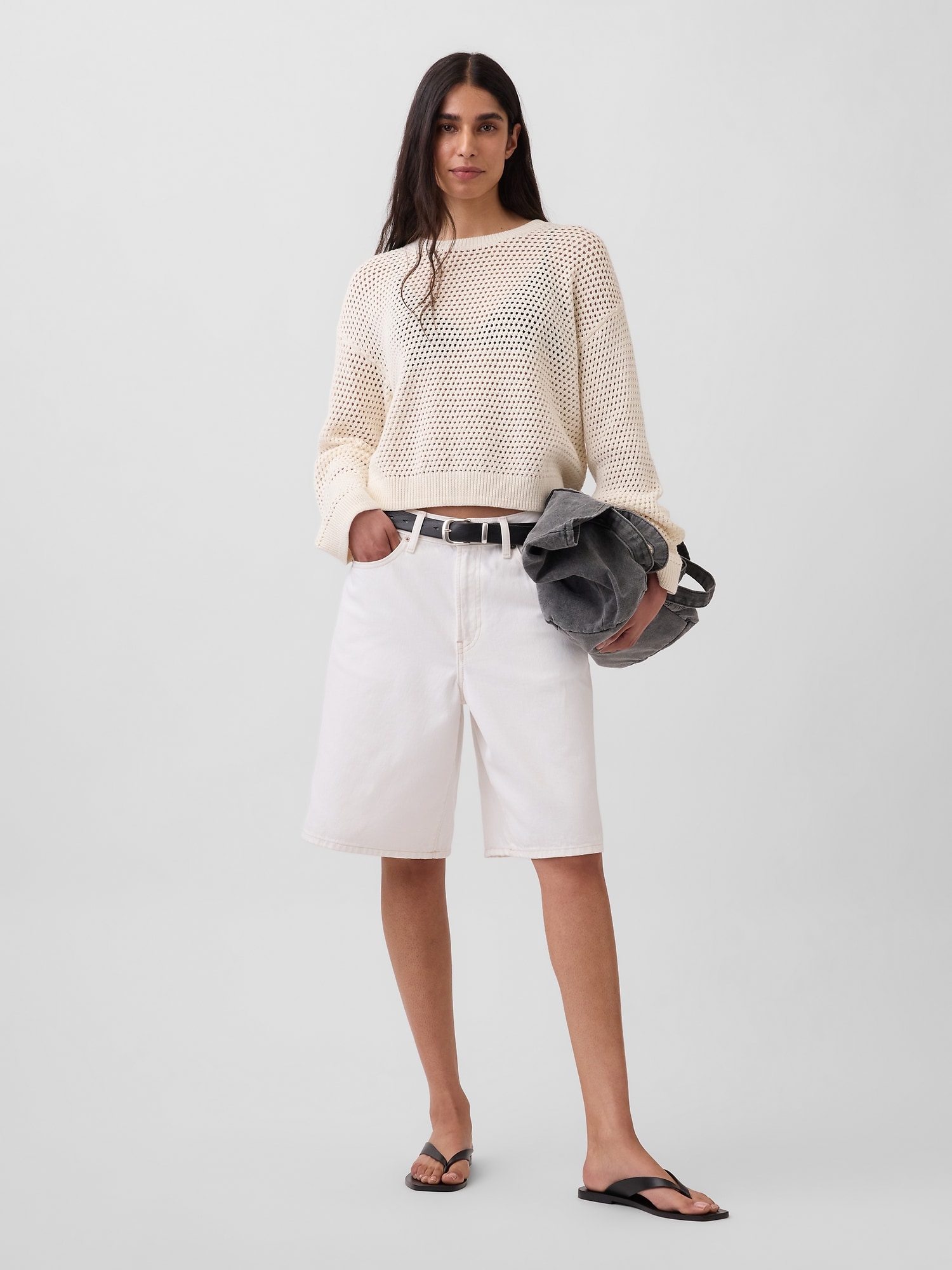 コットン100% クロシェ リラックスフィットセーター-1