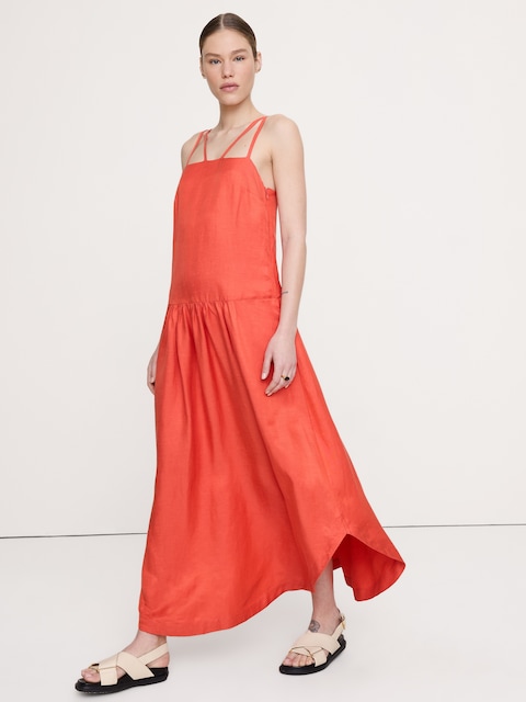 ROBE LONGUE EN LIN ET VISCOSE À TAILLE BASSE