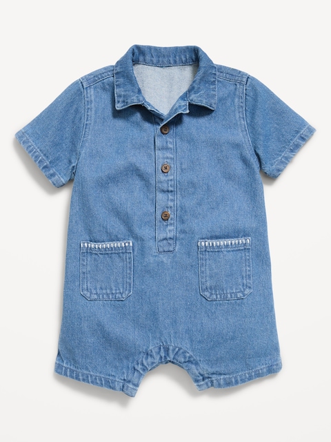 Collared Denim One-Piece Romper for Baby