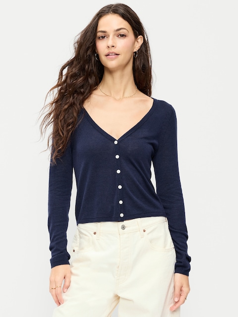 V-Neck Long-Sleeve Sheer Cropped Cardigan