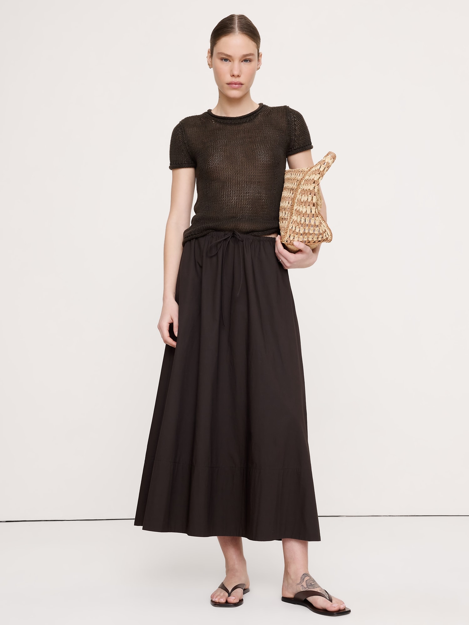 コットンポプリン ドローストリング マキシスカート-0