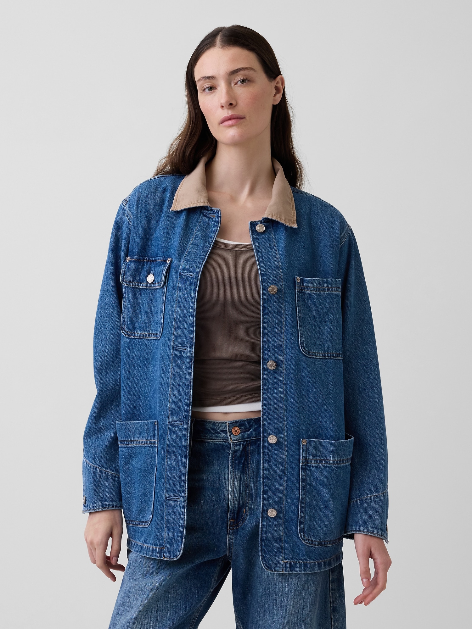 VESTE CAMPAGNARDE EN DENIM À COL EN VELOURS CÔTELÉ