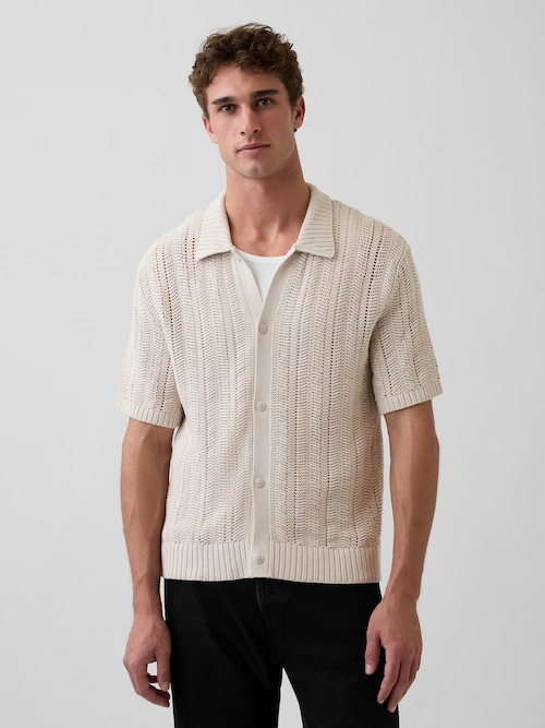 ヘリンボーン クロシェ ニットシャツ