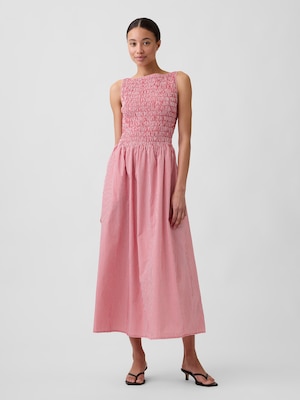 スモッキングギャザー ボートネック マキシワンピース