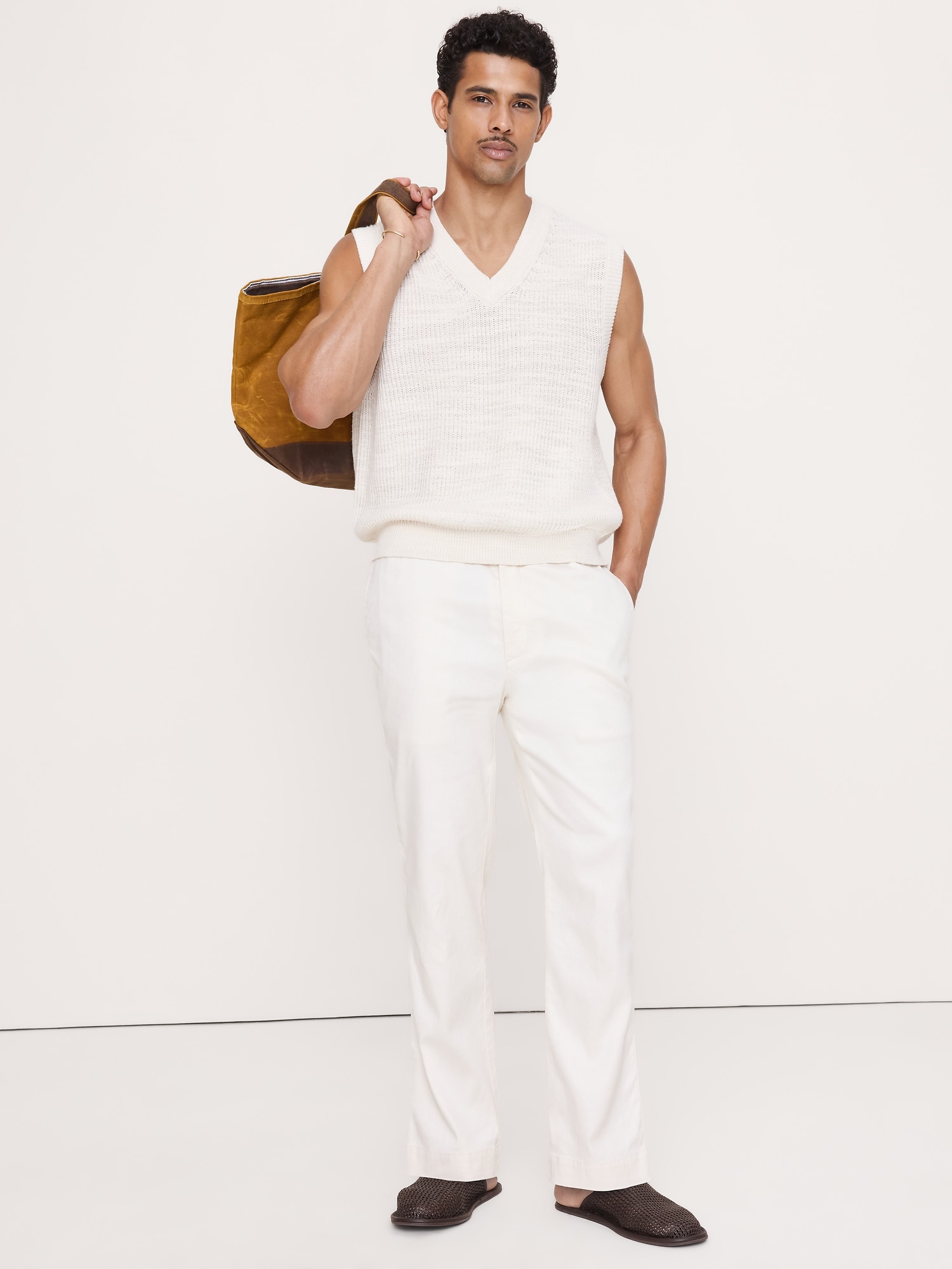 PANTALON DROIT À TAILLE EXTENSIBLE EN LIN ET COTON ITALIEN