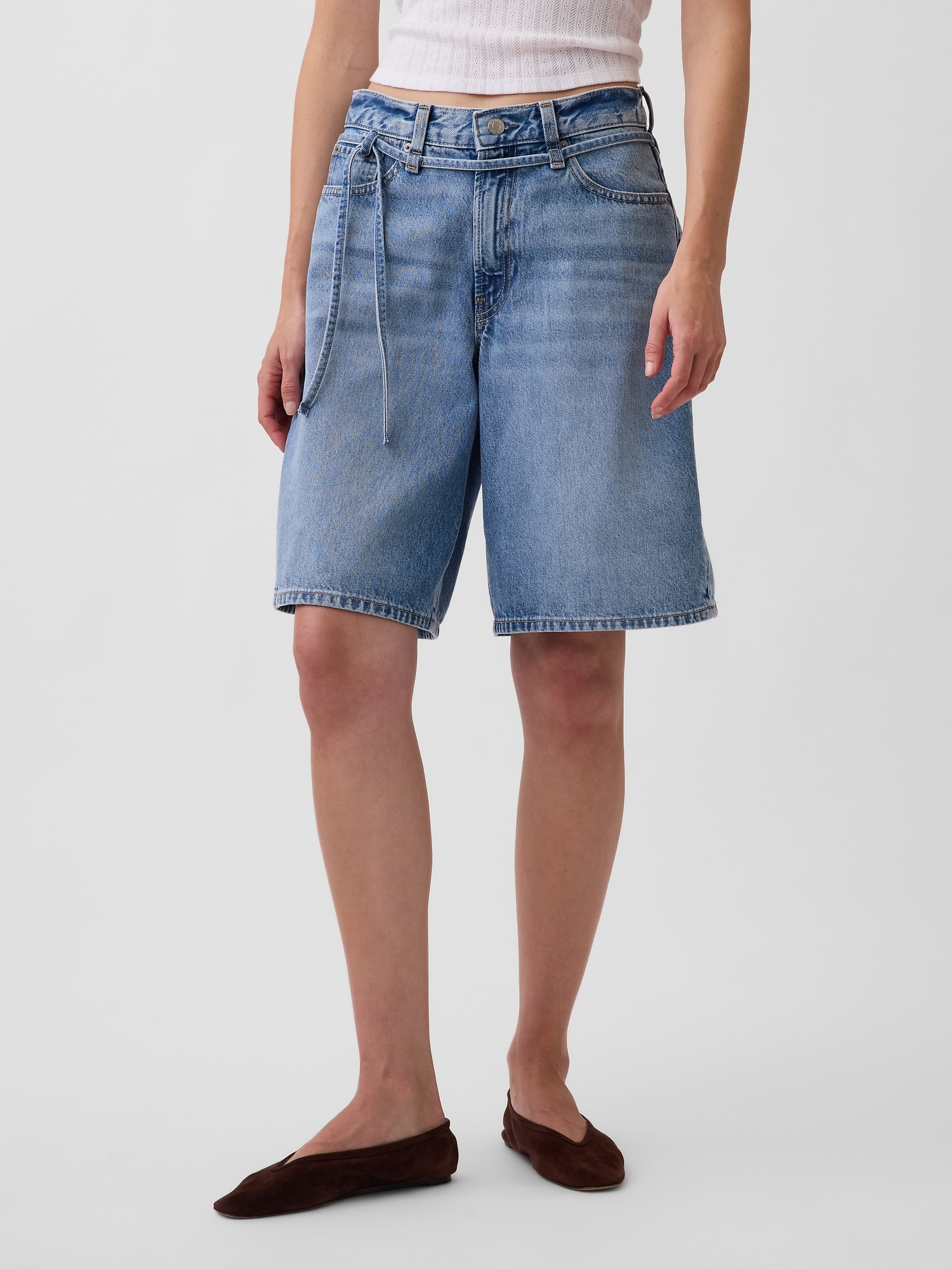 11" Mid Rise Micro Belt Longline Denim Shorts