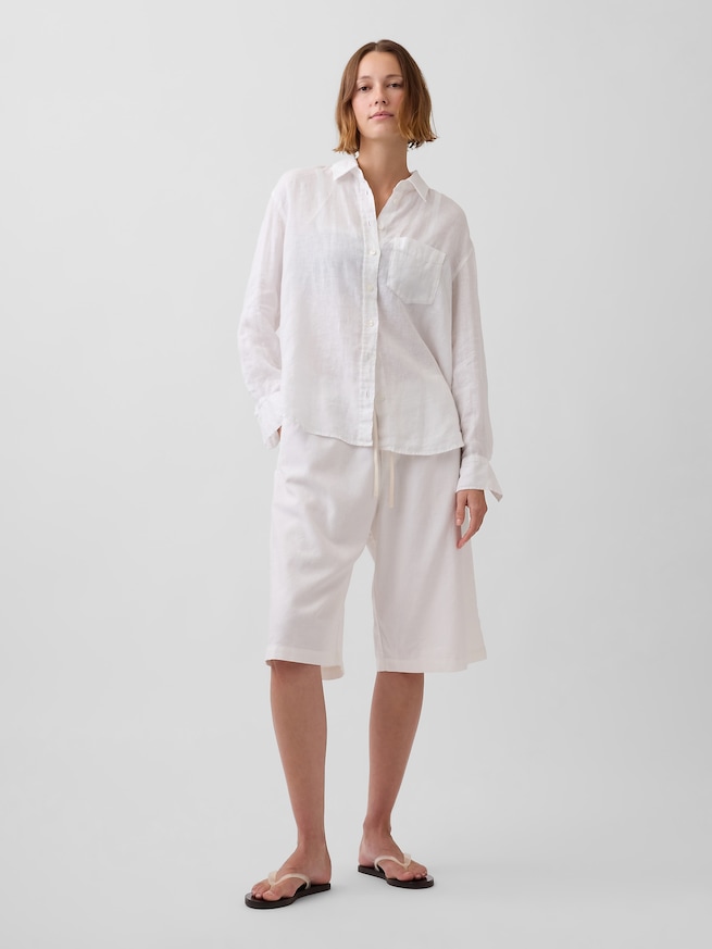 リネン混 リラックスフィット イージーウエスト キュロットパンツ-0