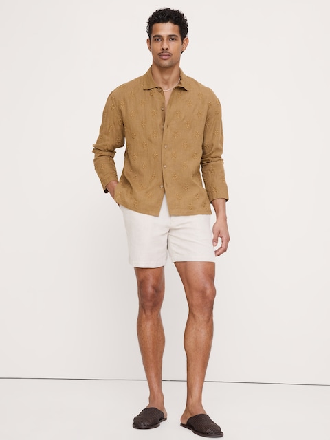 CHEMISE DE VACANCES BRODÉE DÉCONTRACTÉE EN LIN À MANCHES LONGUES