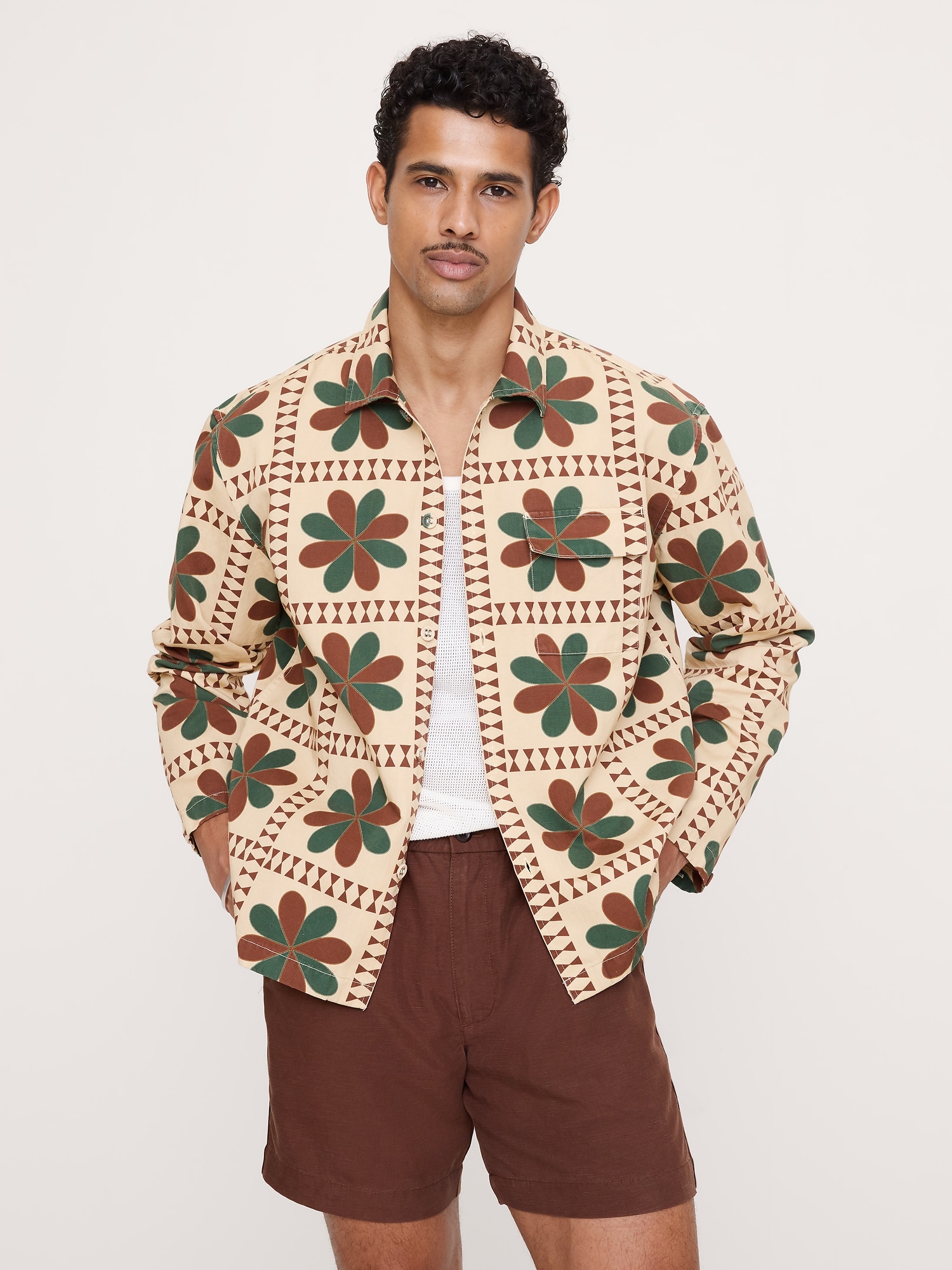 リラックスフィット コットンリネン リゾートシャツ-0