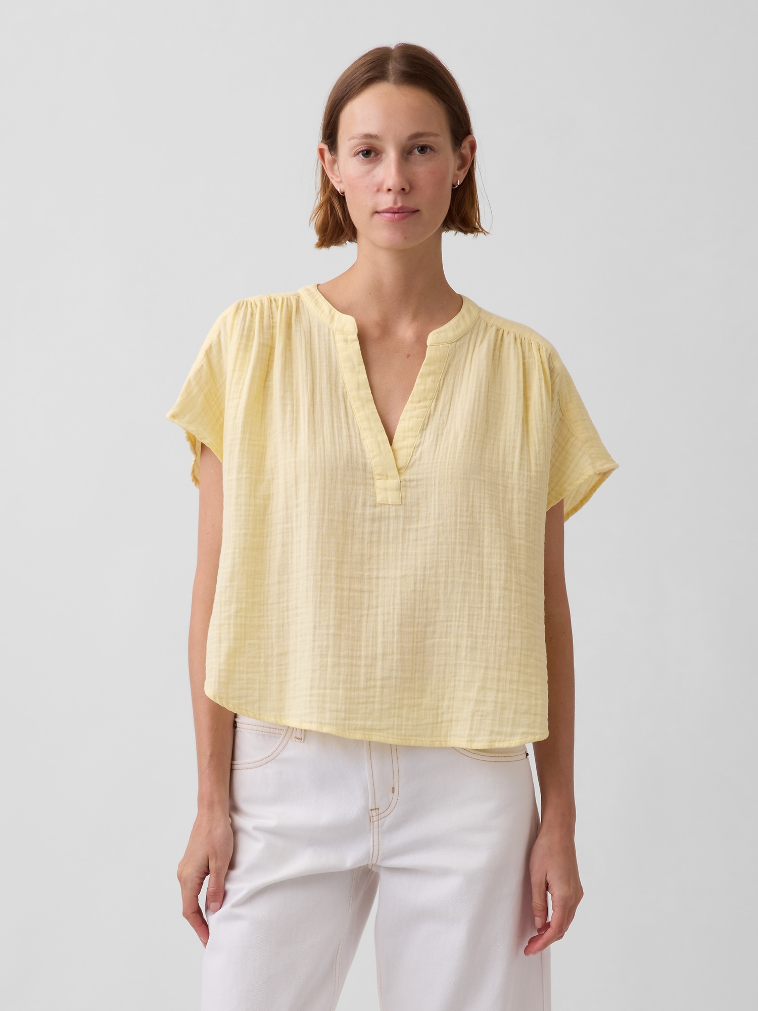 Cotton Gauze Oversized Split-Neck Top