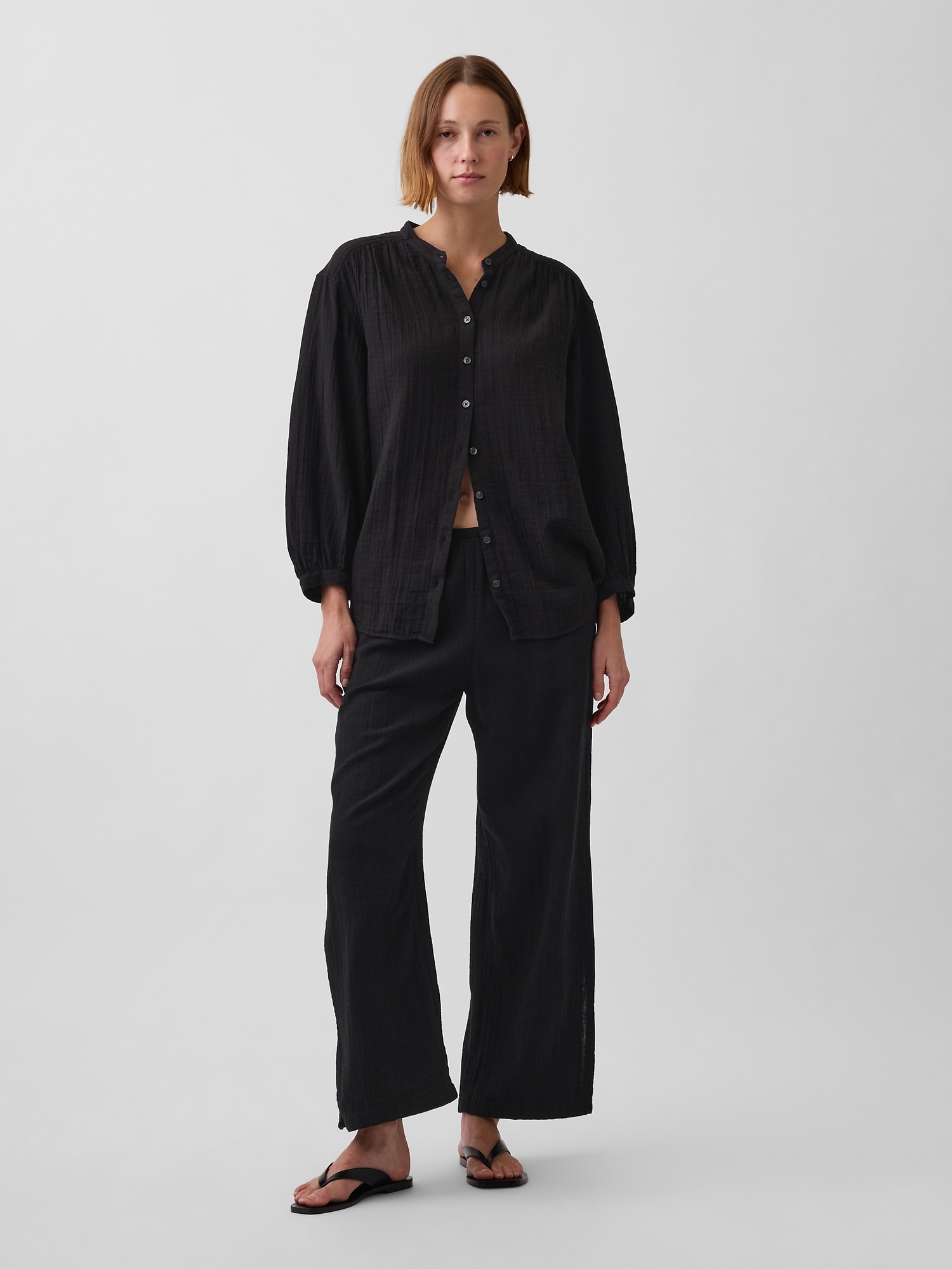 Cotton Gauze Oversized Collarless Shirt