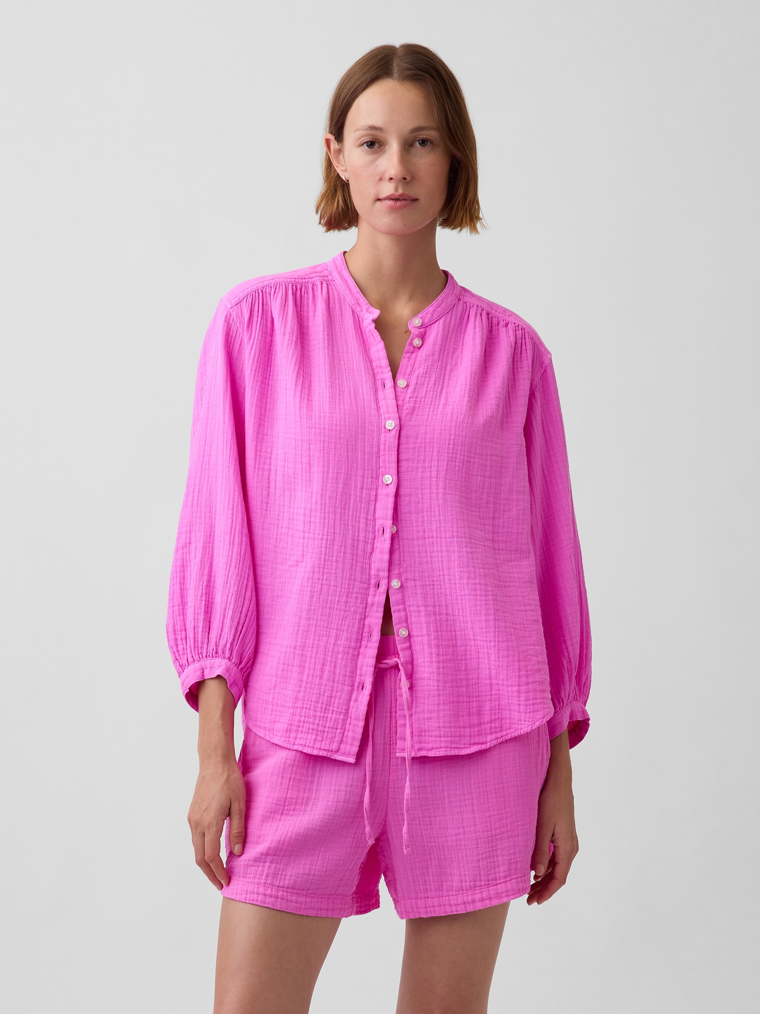CHEMISIER SURDIMENSIONNÉ SANS COL EN GAZE DE COTON