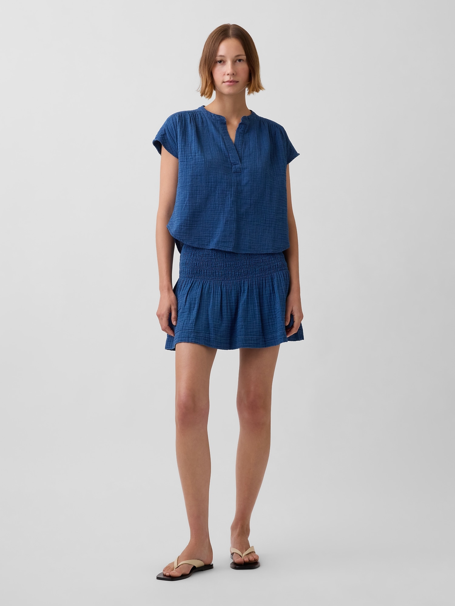 Cotton Gauze Denim Smocked Waist Mini Skort