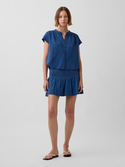 Cotton Gauze Denim Smocked-Waist Mini Skort