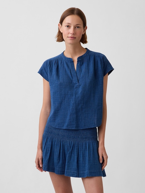 Cotton Gauze Denim Oversized Split-Neck Top
