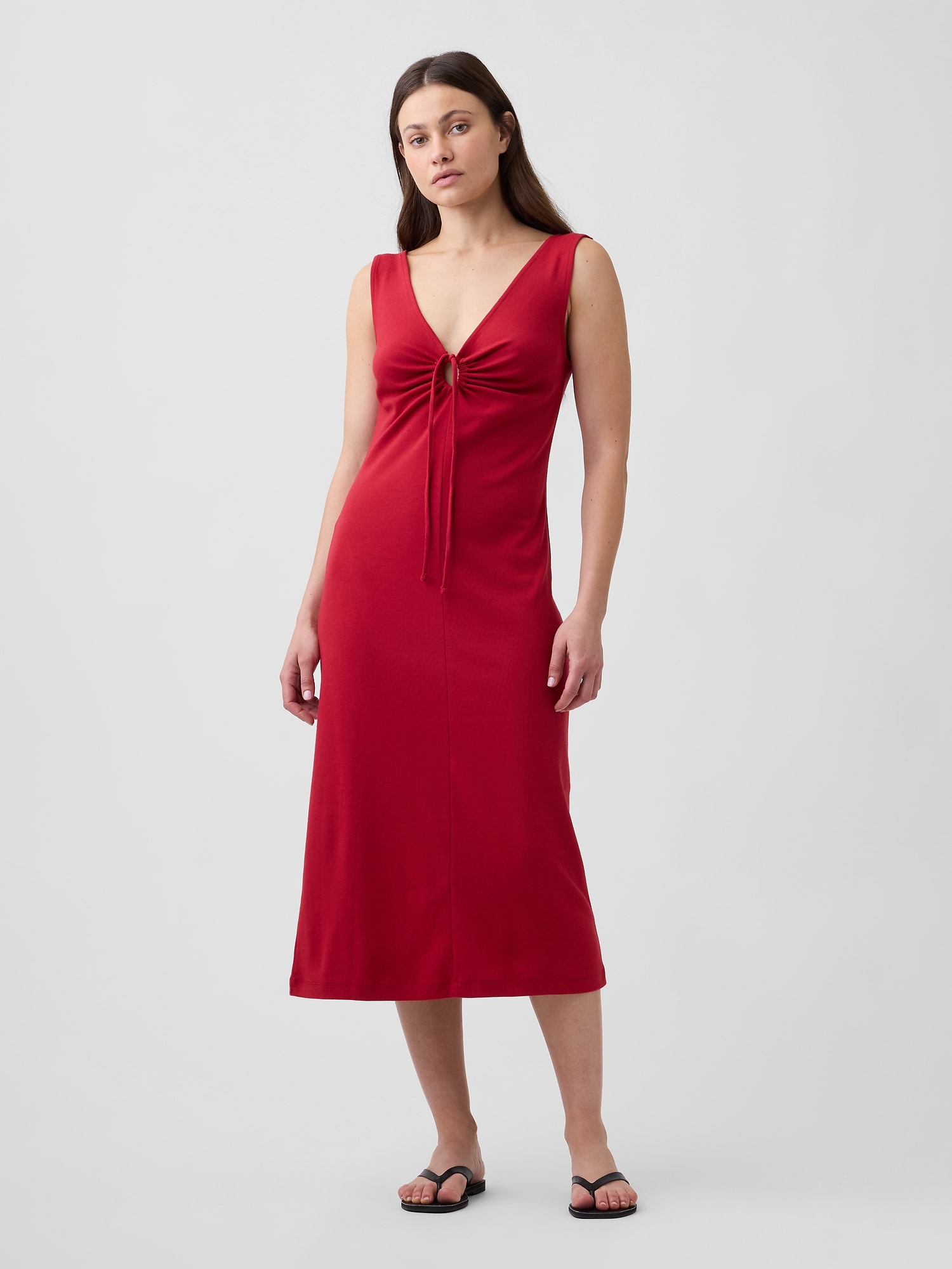 Modern Ribbed Tie-Front Midi Dress