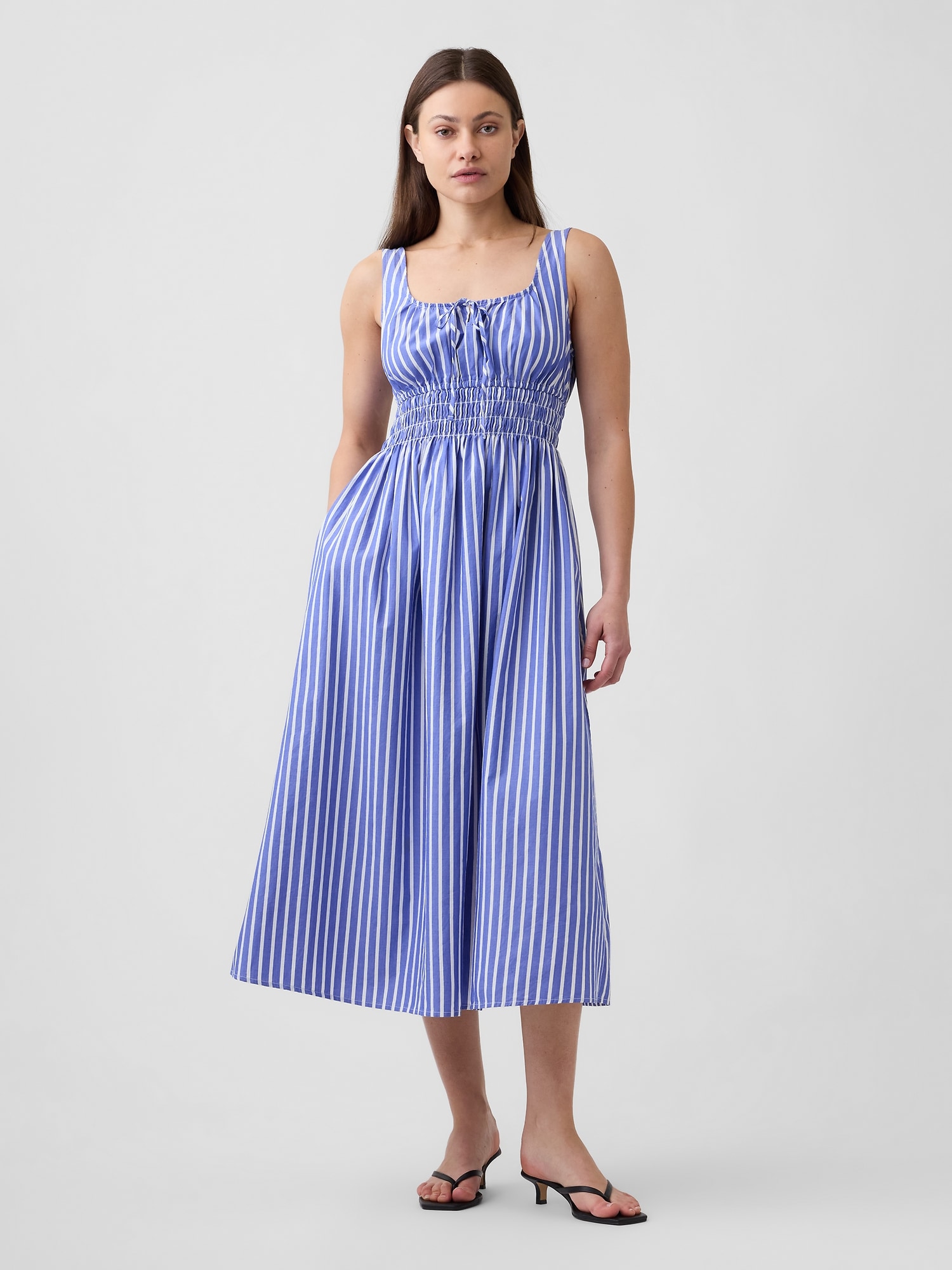 Smocked Tie-Front Midi Dress