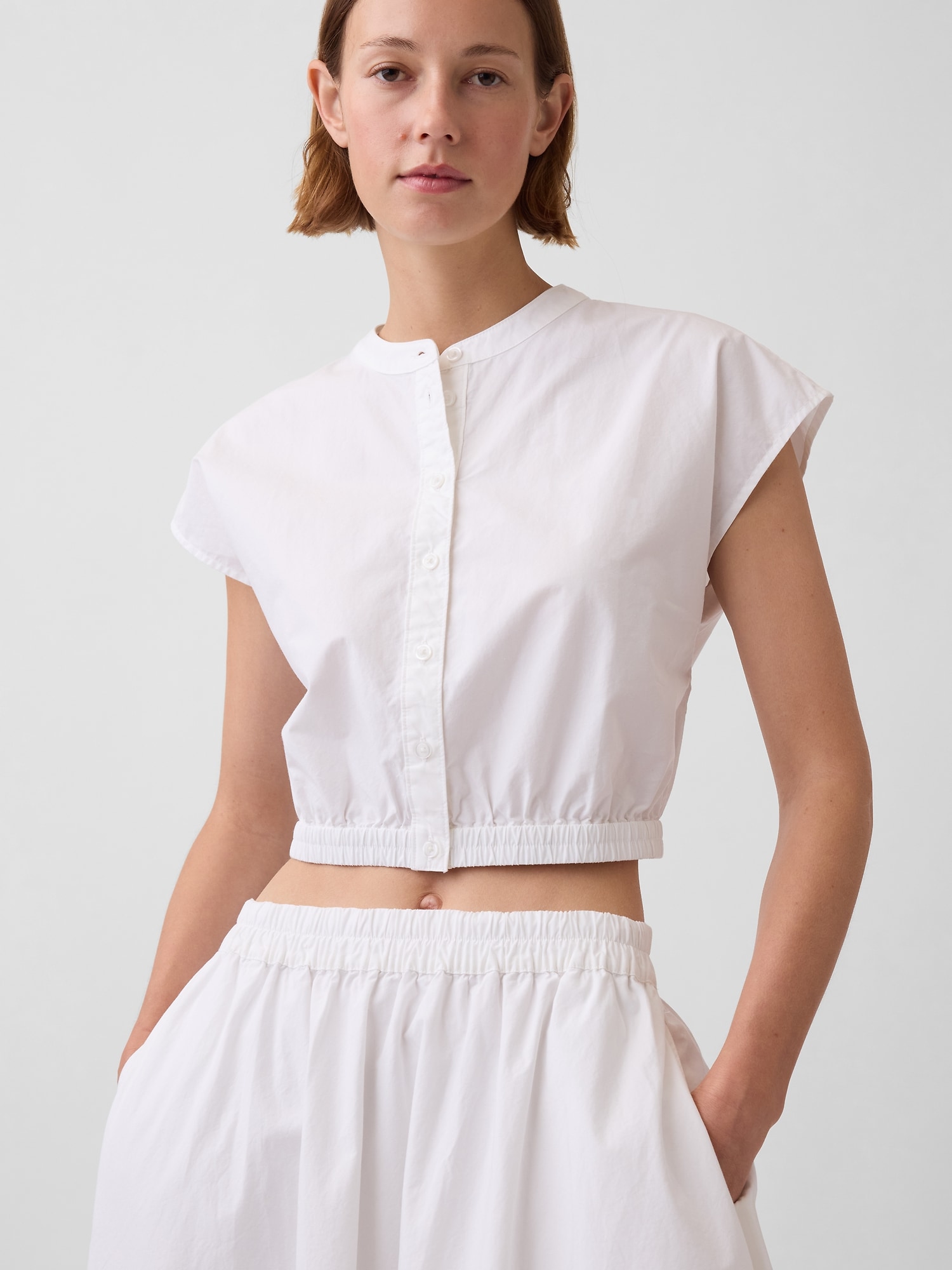 Poplin Cap-Sleeve Crop Shirt