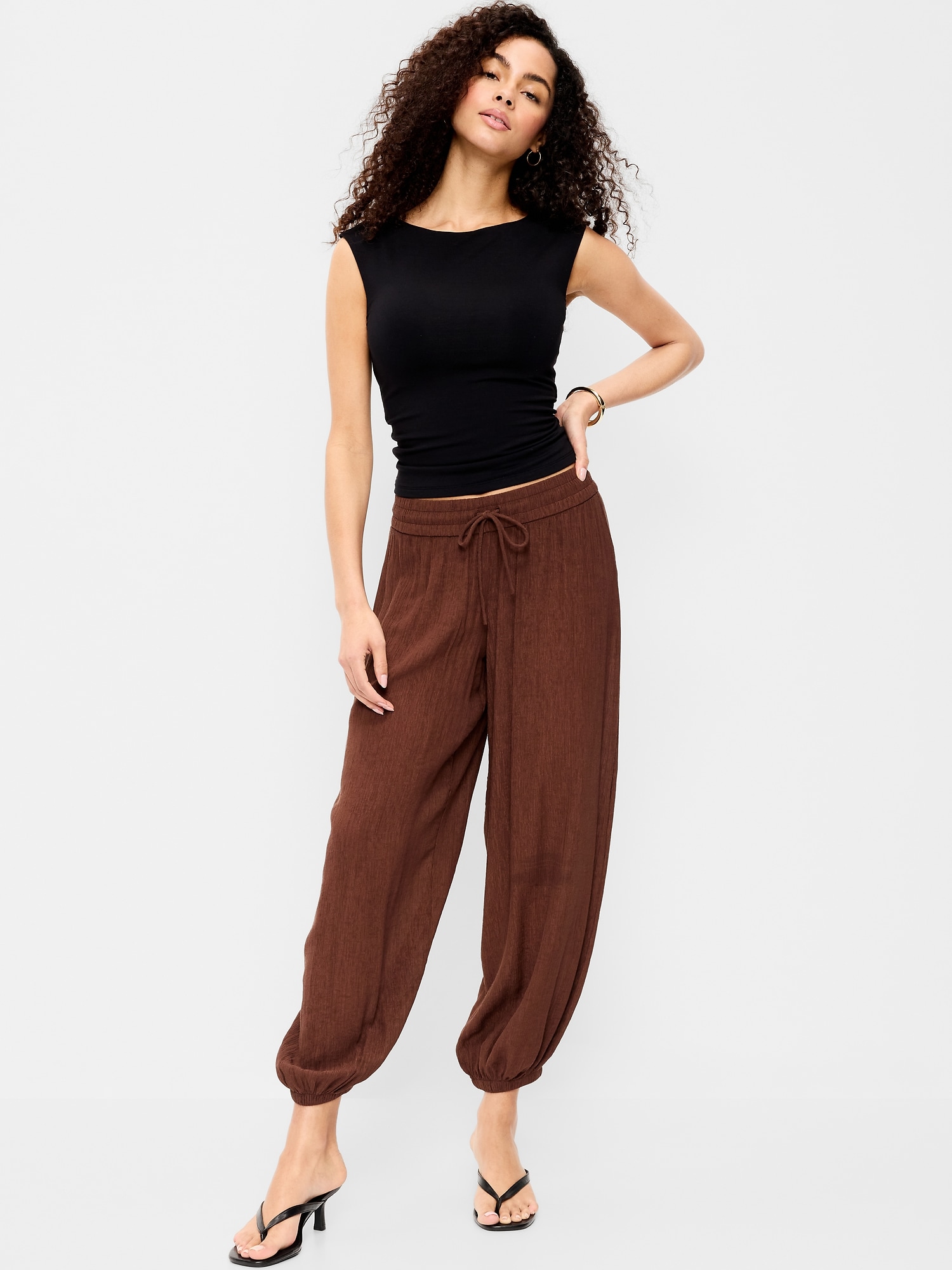 High-Waisted Sheer Crinkle Crepe Harem Pants