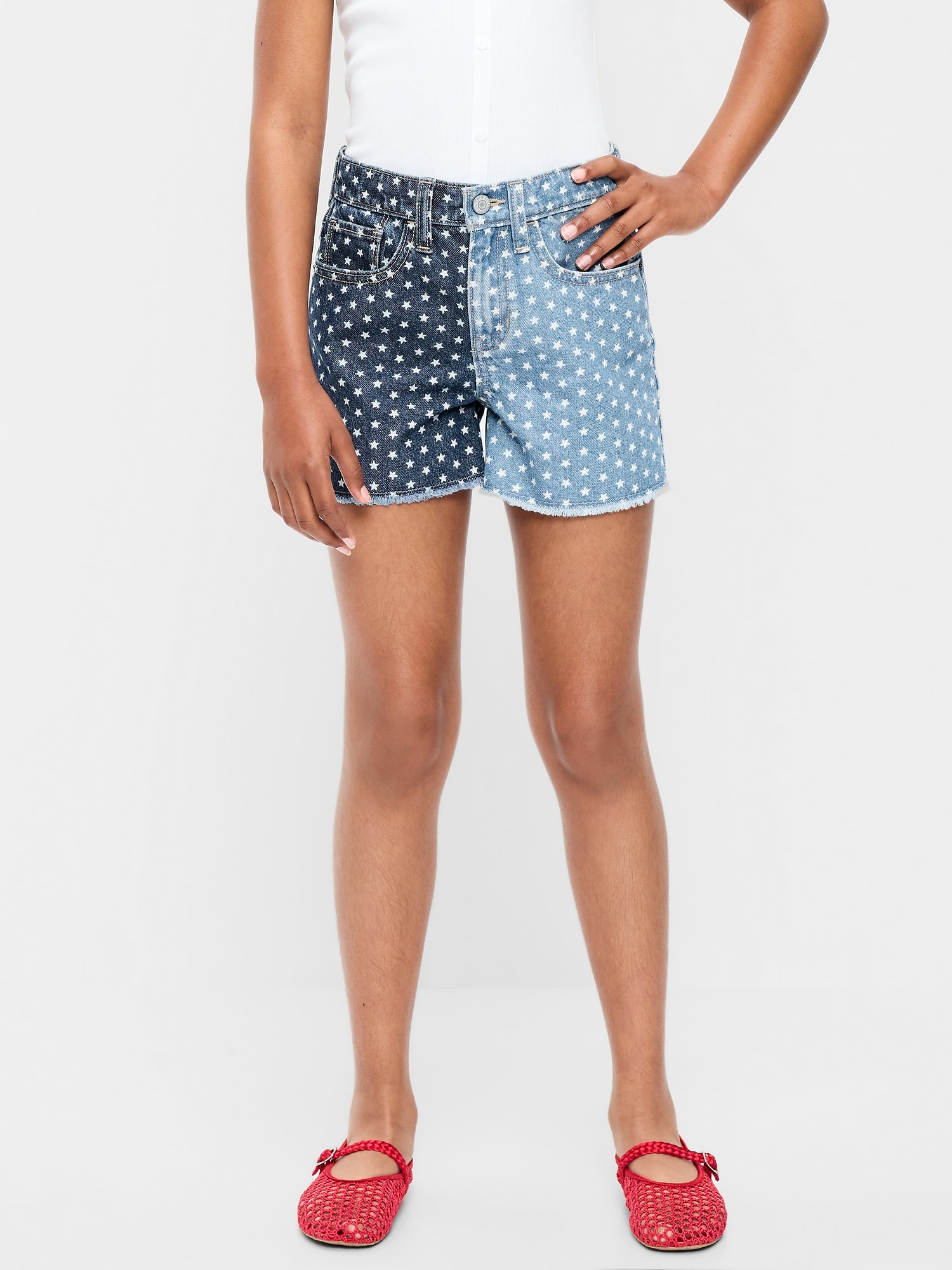 High-Waisted Two-Tone Frayed-Hem Jean Shorts for Girls