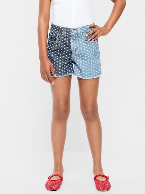 High-Waisted Two-Tone Frayed-Hem Jean Shorts for Girls