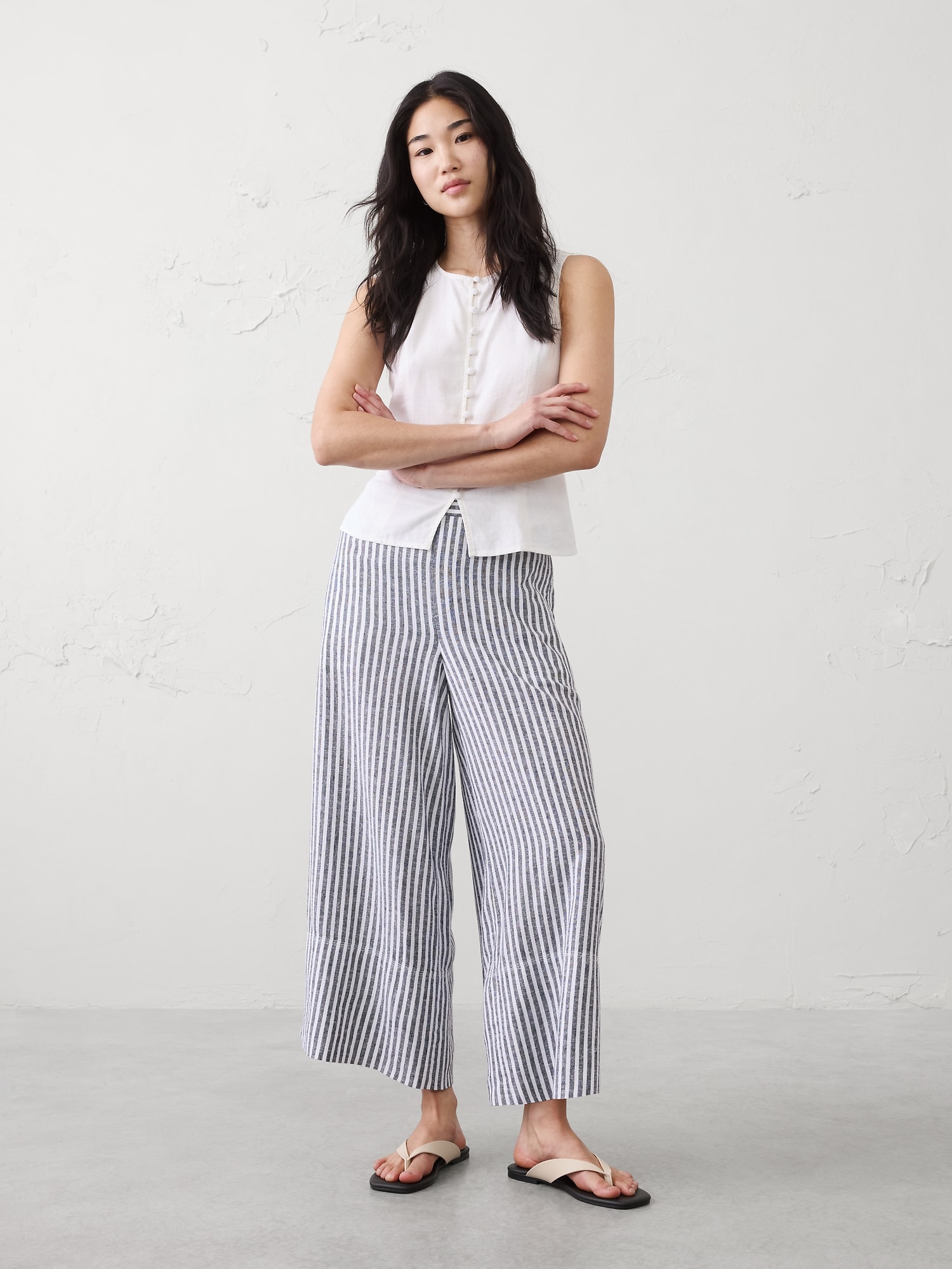 Wide-Leg High-Rise Linen-Blend Pull-On Cropped Pant