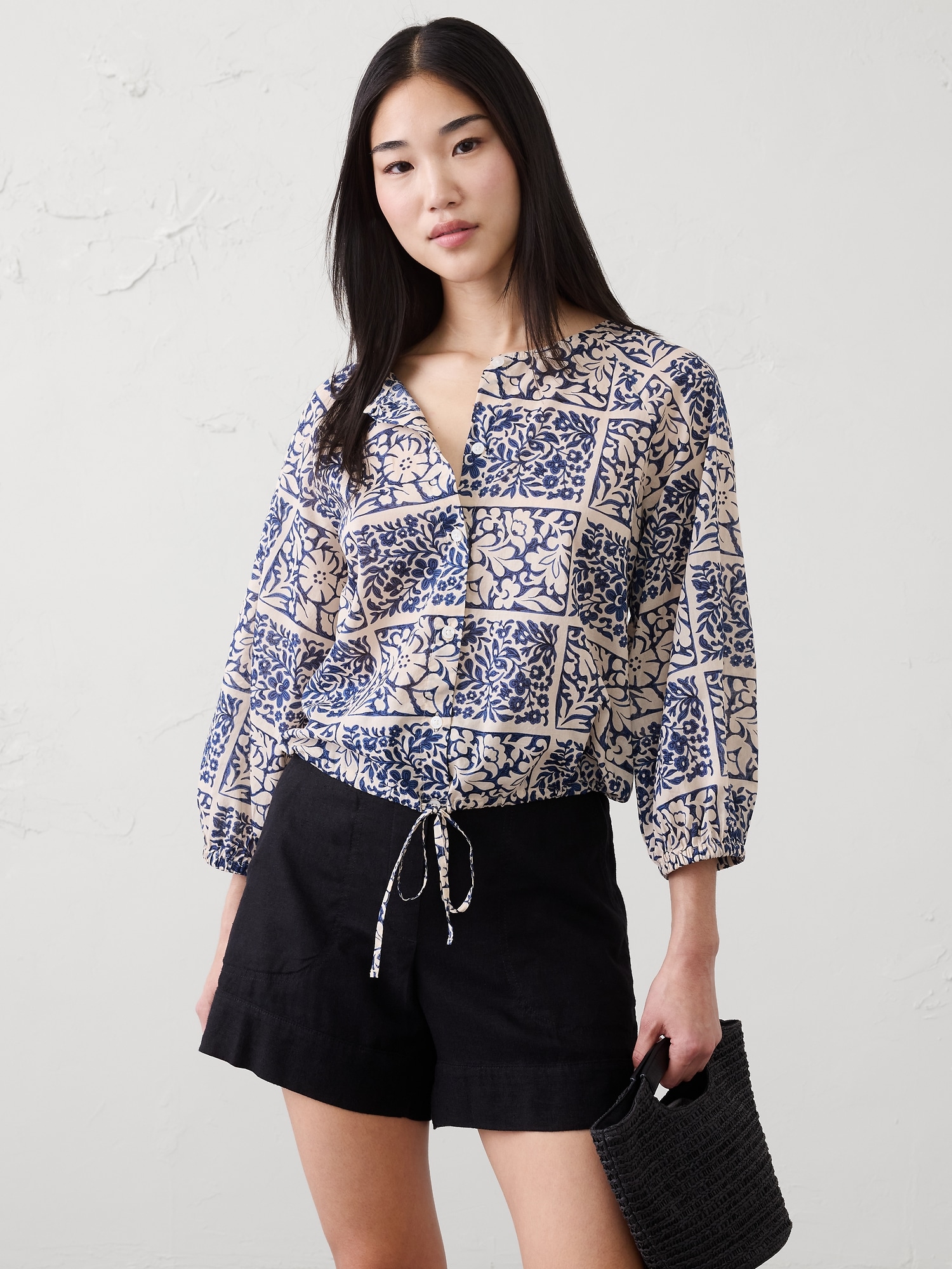 Voile Blouson-Sleeve Drawstring-Hem Top
