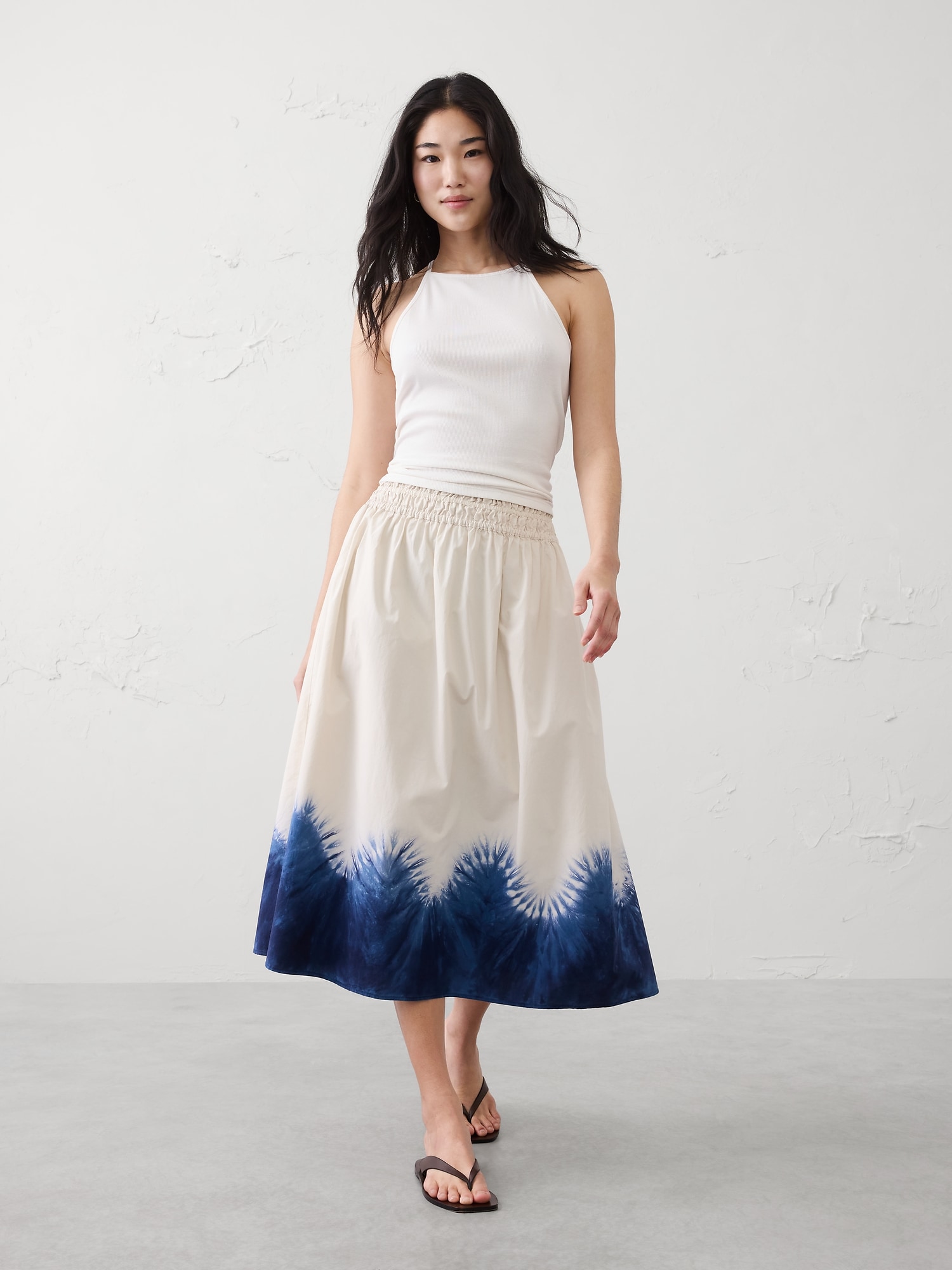 Poplin Smocked-Waist Midi Skirt
