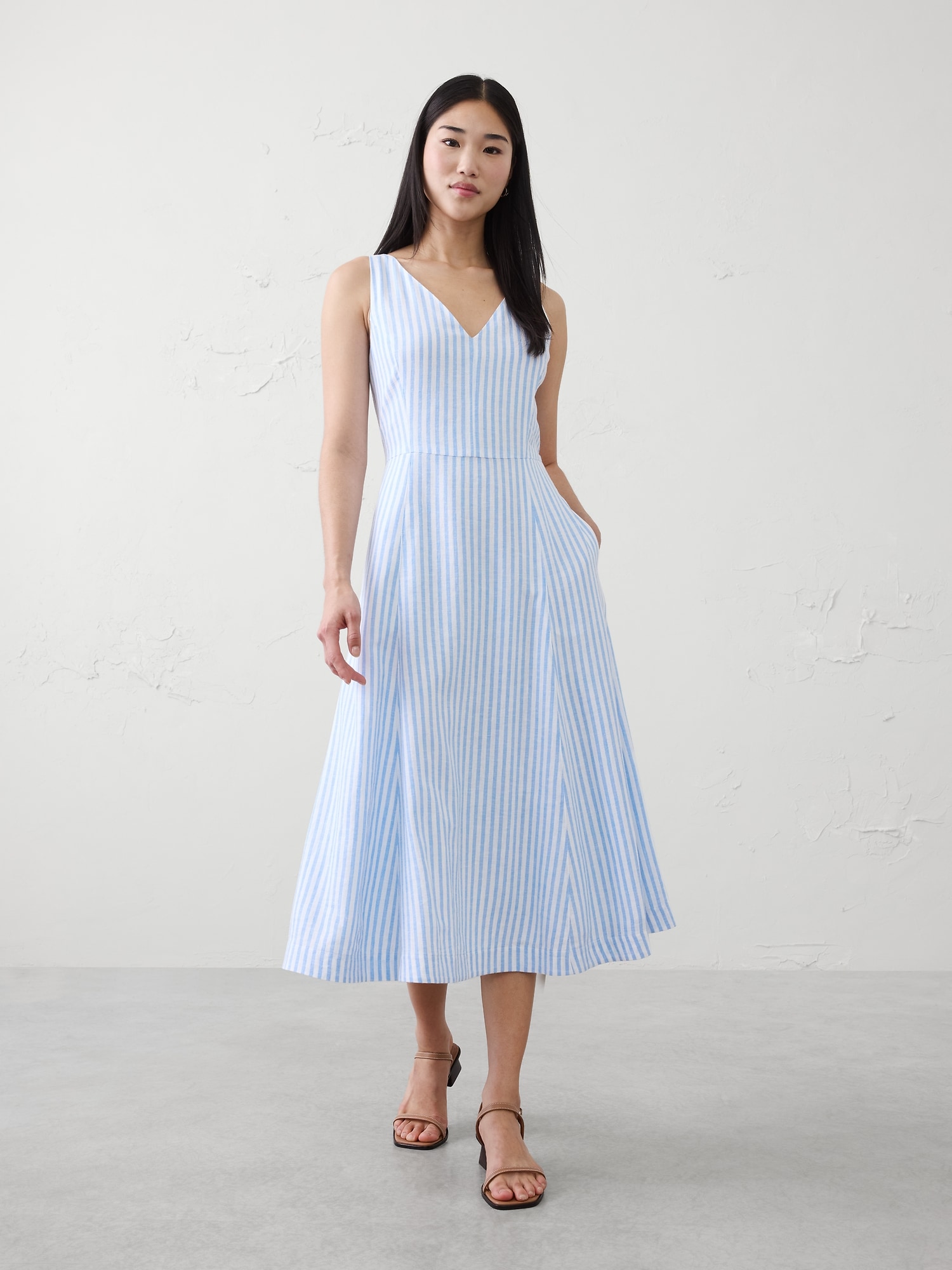 Linen-Blend Drapey Midi Dress