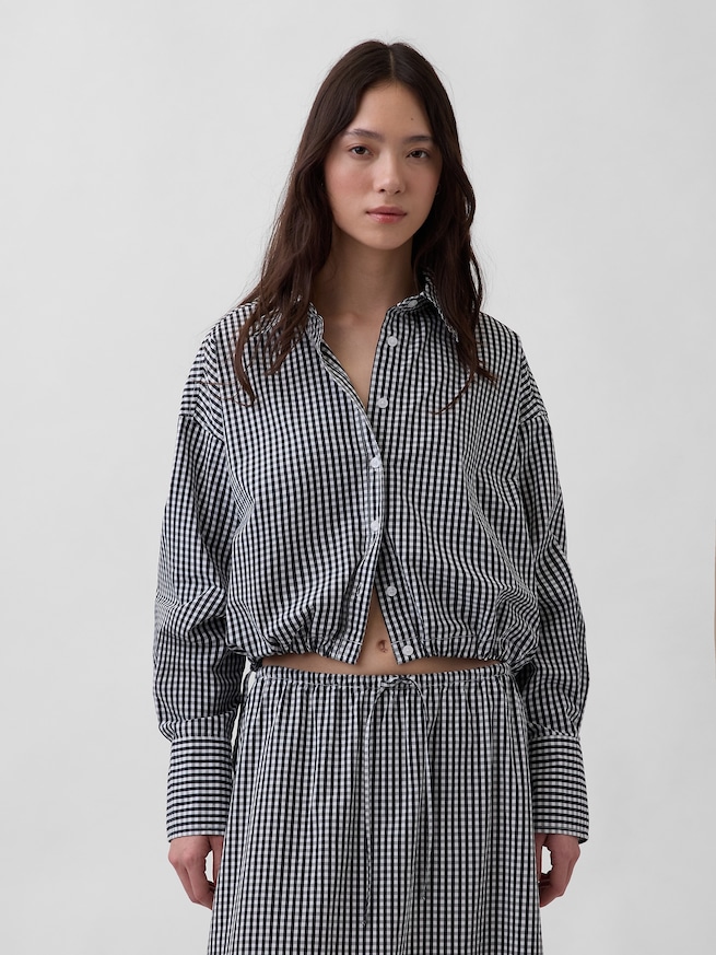 ポプリン オーバーサイズ 裾リボン クロップドシャツ-2