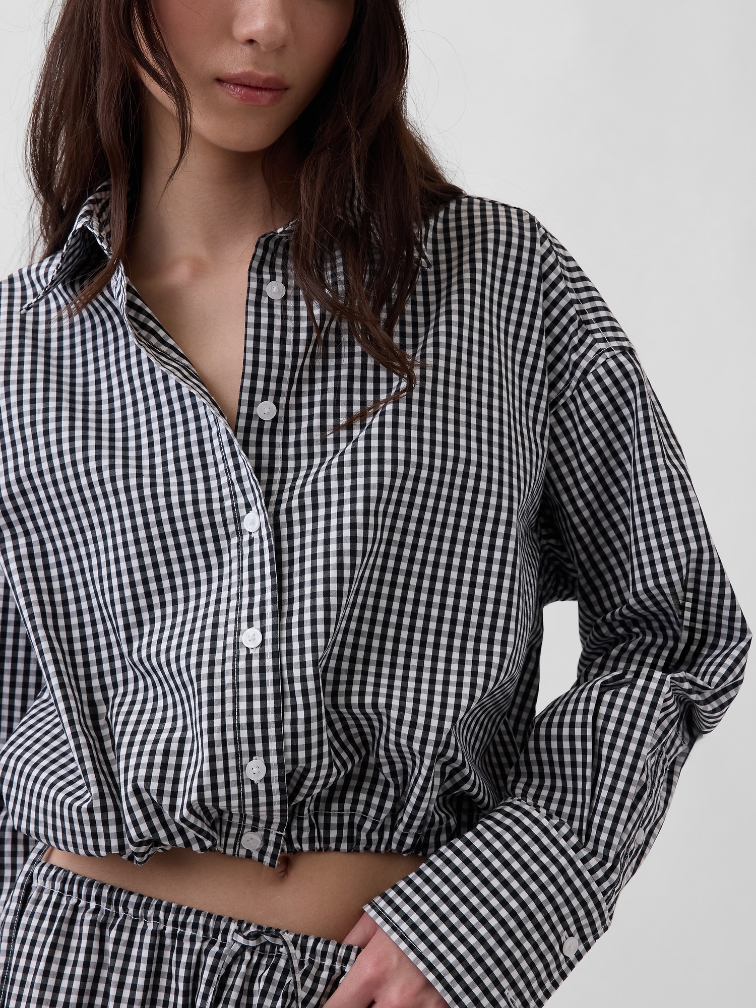 ポプリン オーバーサイズ 裾リボン クロップドシャツ-0