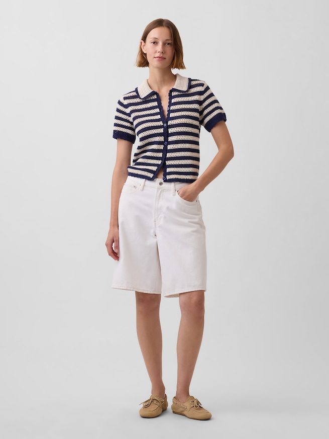 コットン100% クロシェ リラックスフィット ニットシャツ-1