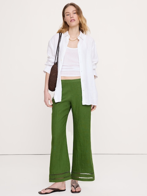 PANTALON ÉVASÉ LONGUEUR CHEVILLE À TAILLE MI-BASSE EN LIN