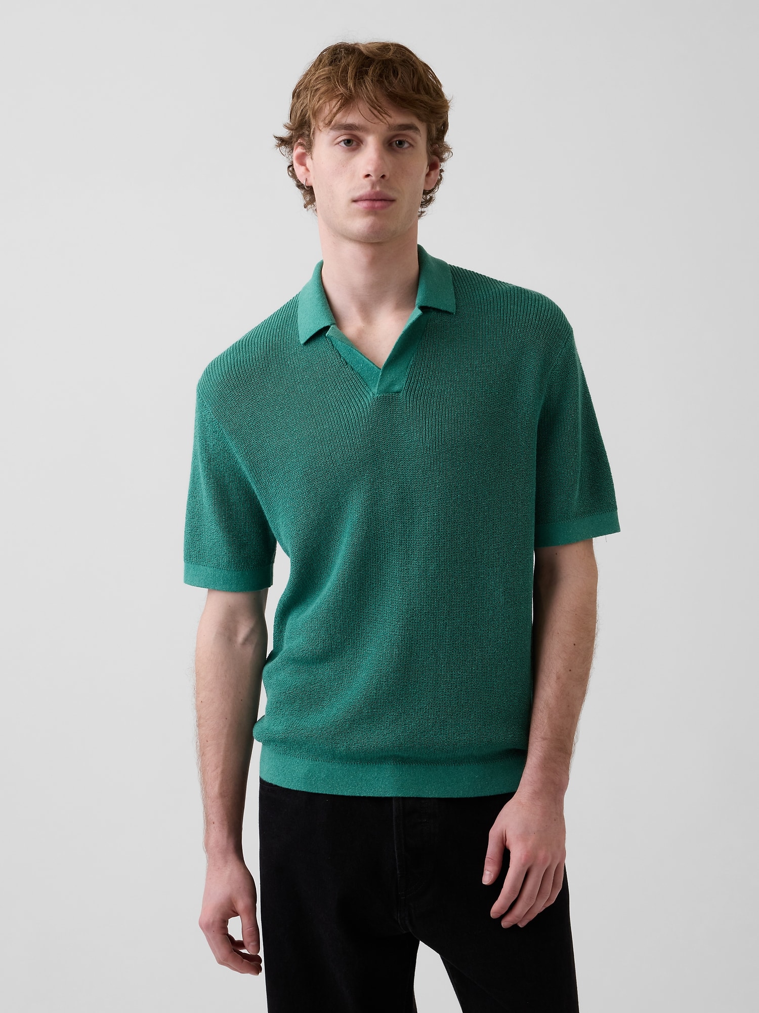 Linen-Blend Camp Polo Sweater Shirt