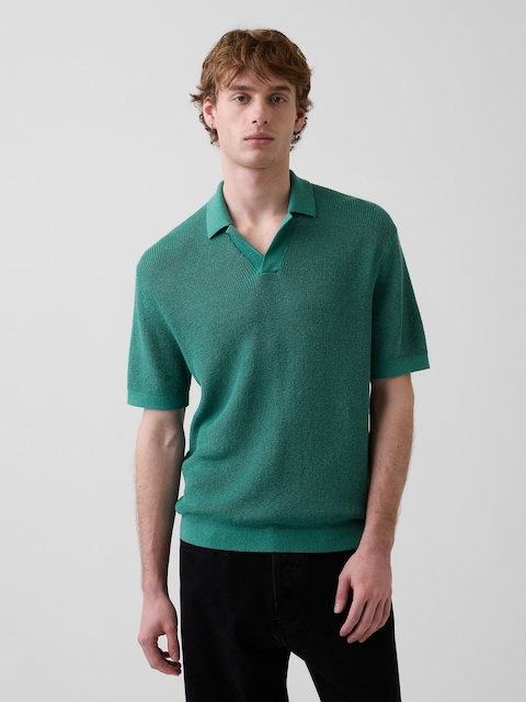Linen-Blend Camp Polo Sweater Shirt