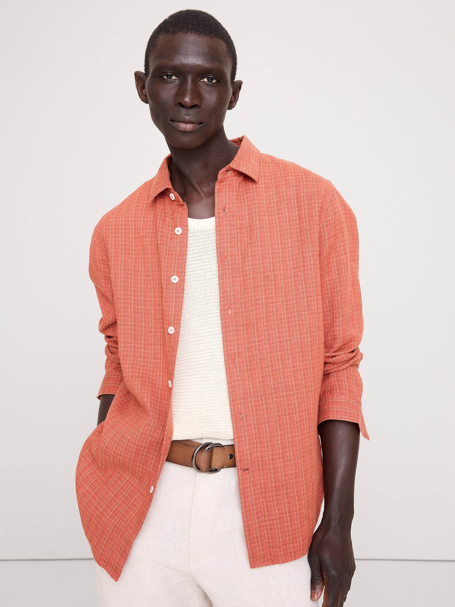 Standard-Fit Textured Linen-Cotton Shirt