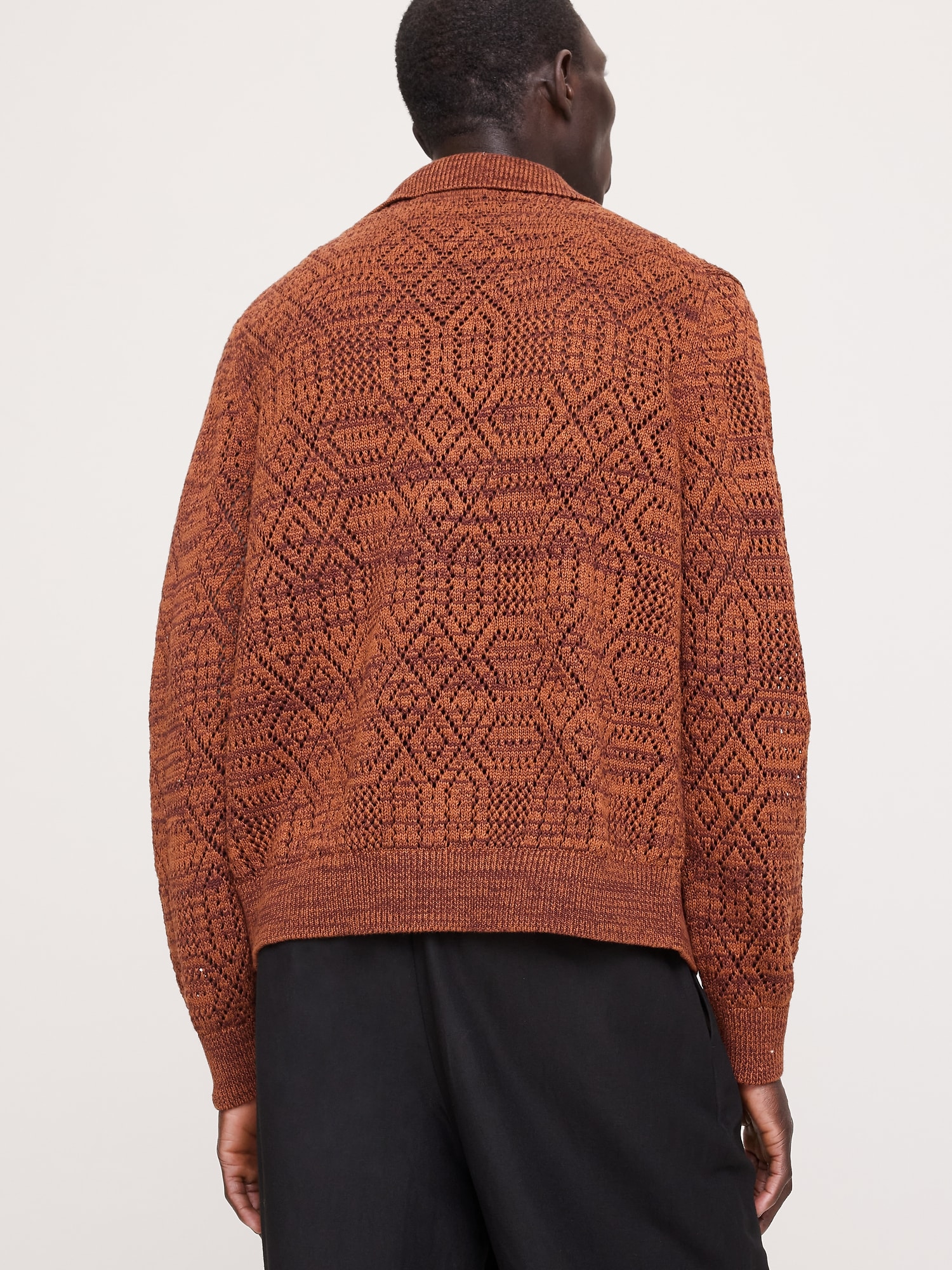 Linen-Cotton Pointelle Polo Cardigan