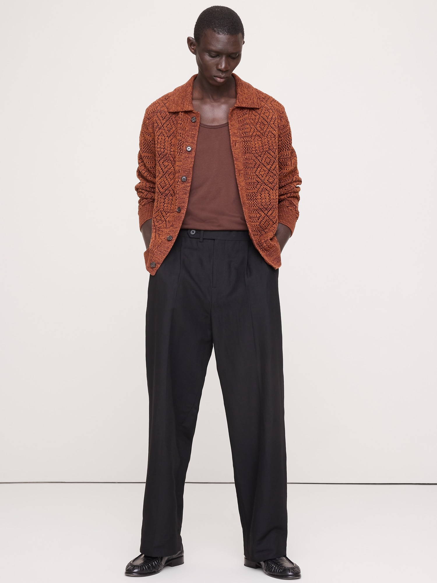 Linen-Cotton Pointelle Polo Cardigan - Radicchio Burgundy