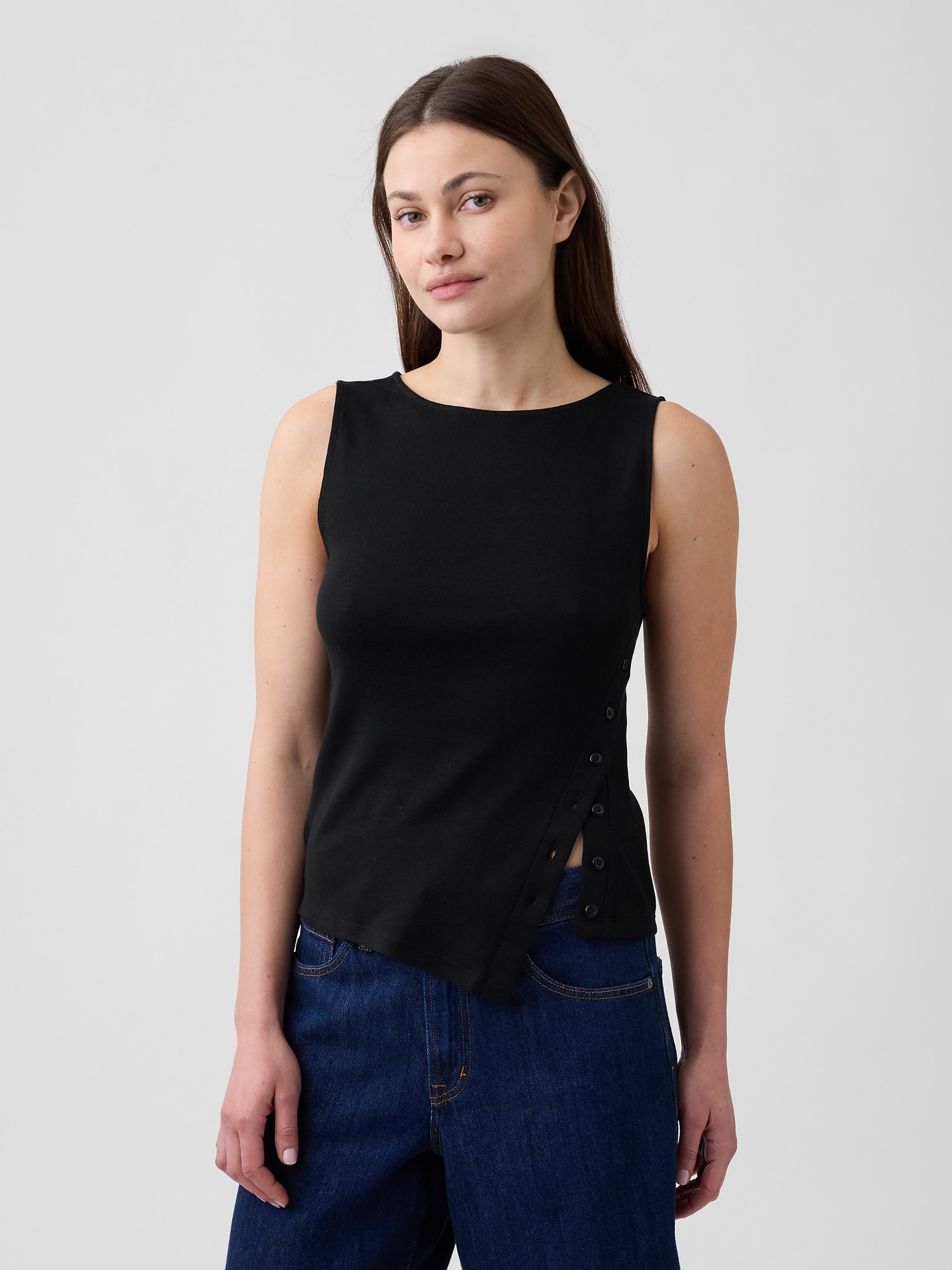 Modern Ribbed Asymmetrical Button-Side Top