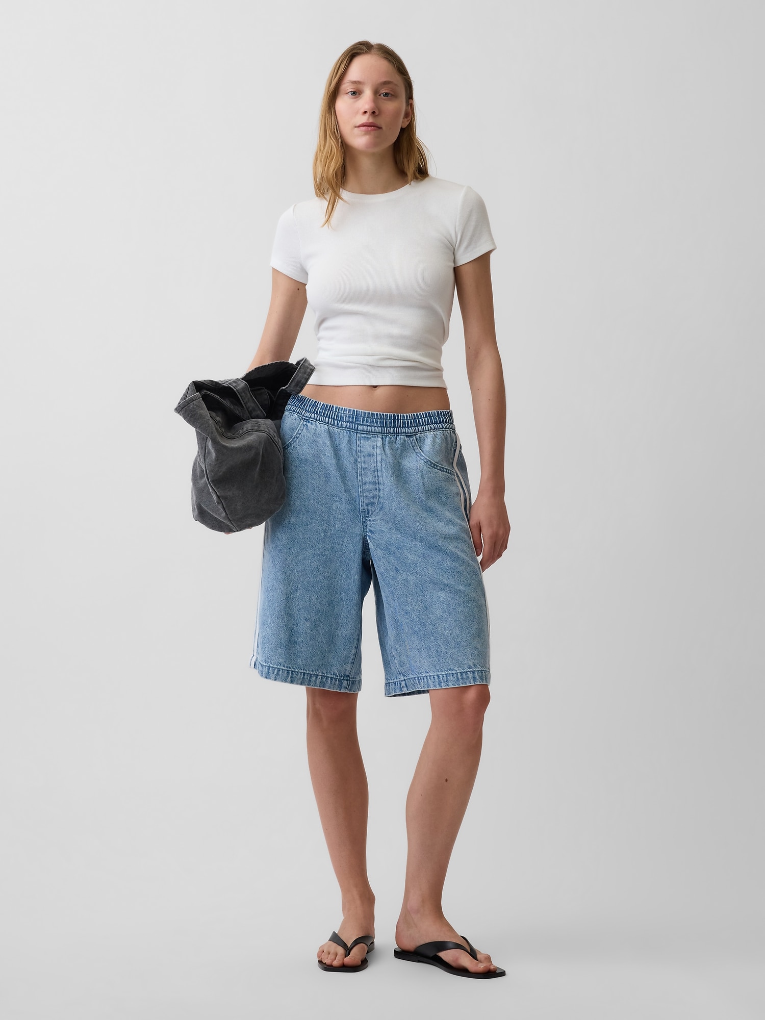 11" Mid Rise UltraSoft Easy Stripe Longline Denim Shorts