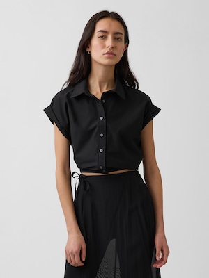 ポプリン キャップスリーブ クロップドシャツ