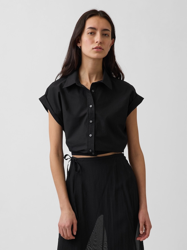 ポプリン キャップスリーブ クロップドシャツ-0