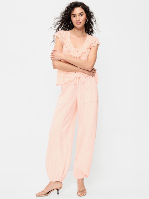 Mid-Rise Linen-Blend Cinched-Ankle Pants