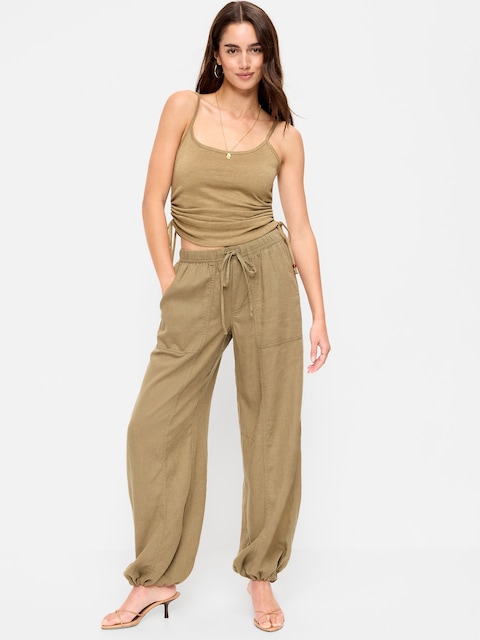 Mid-Rise Linen-Blend Cinched-Ankle Pants