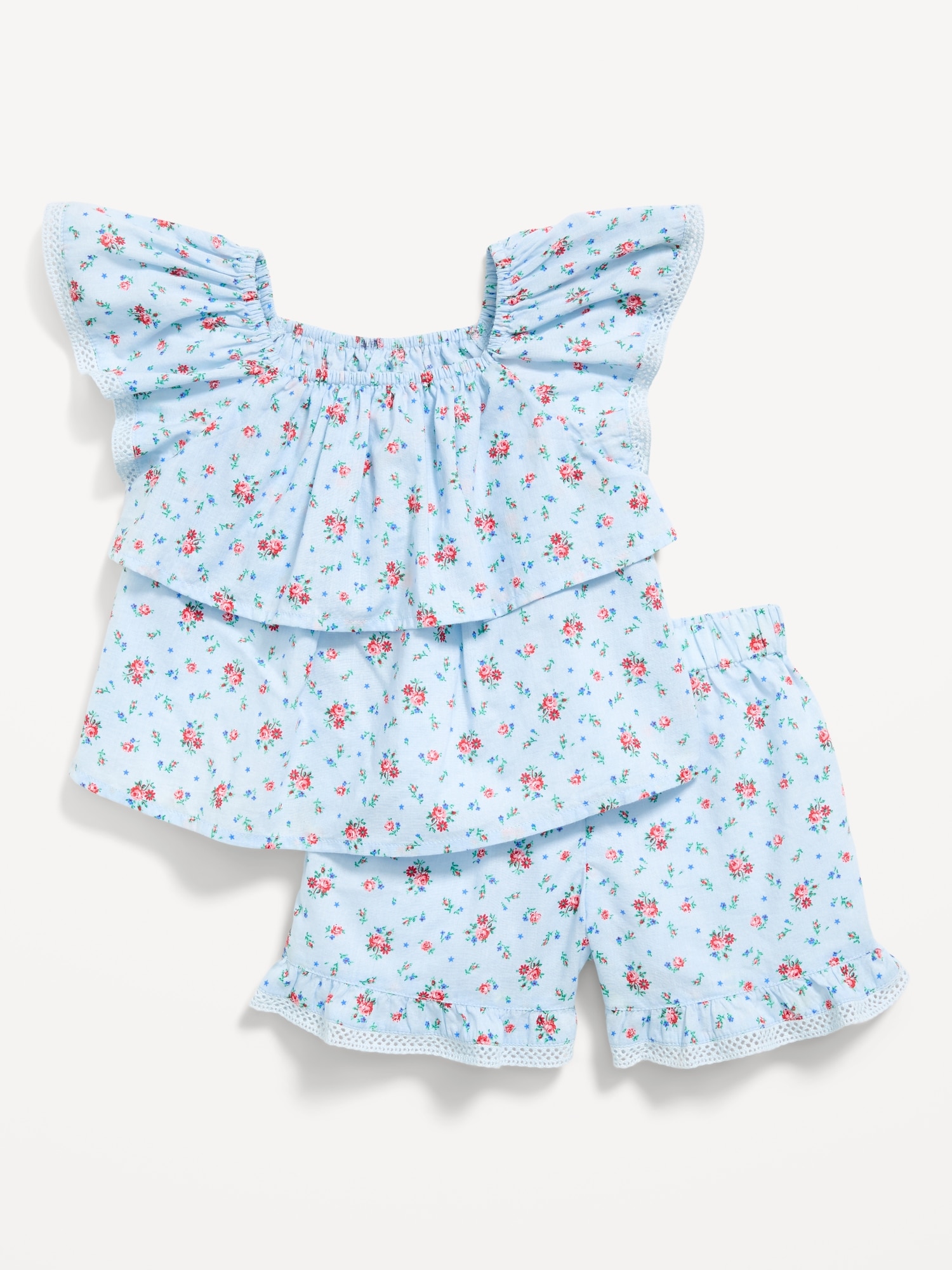 ENSEMBLE DE HAUT À MANCHES COURTES À VOLANTS ET SHORT À MOTIF POUR TOUTE-PETITE