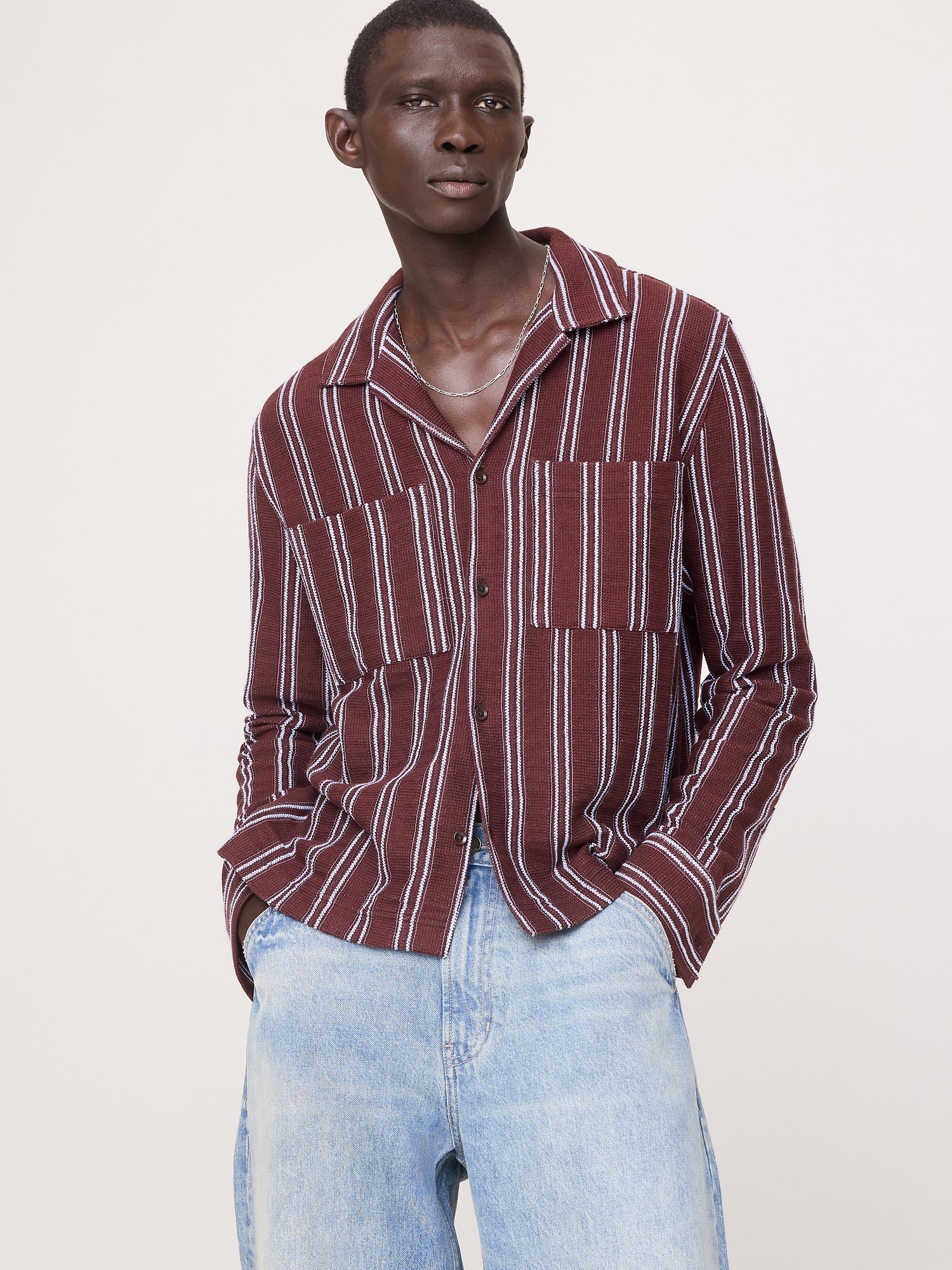 Striped Knit Resort Shirt - Radicchio Burgundy