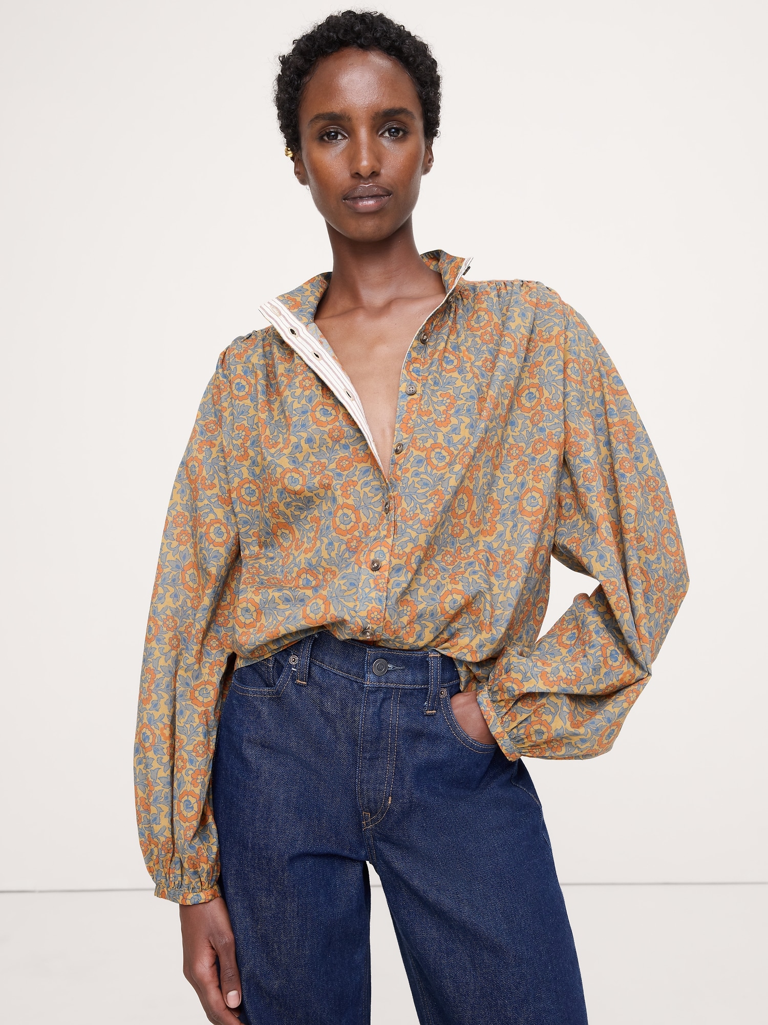 Lightweight Cotton Ruched-Shoulder Shirt