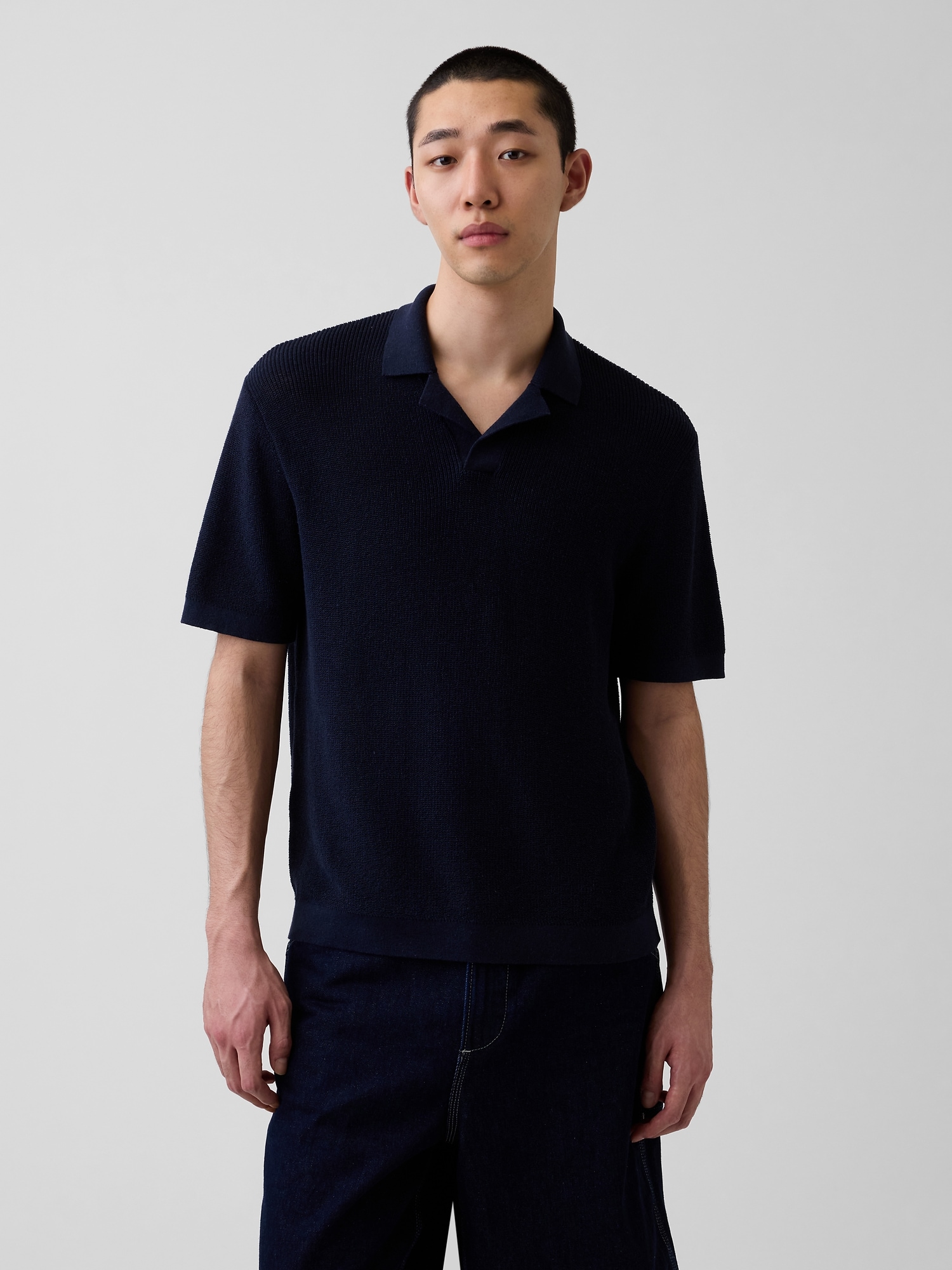 Linen-Blend Camp Polo Sweater Shirt